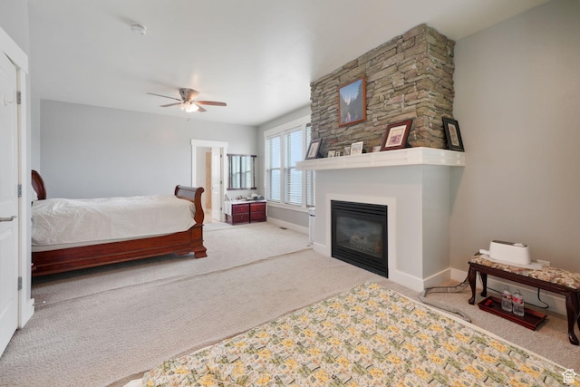 1566 E 300 S, Pleasant Grove, UT 84062 - bedroom with carpet floors, baseboards, a ceiling fan, and a fireplace