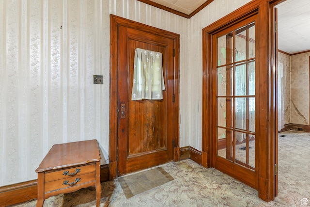933 W Gentile St, Layton, UT 84041 - entryway with wallpapered walls, crown molding, carpet flooring, and baseboards
