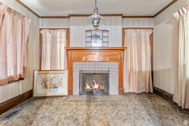 933 W Gentile St, Layton, UT 84041 - unfurnished living room featuring visible vents, ornamental molding, a fireplace, and wallpapered walls