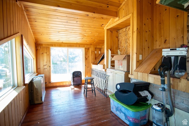 interior space with lofted ceiling, hardwood / wood-style floors, wood ceiling, and wooden walls