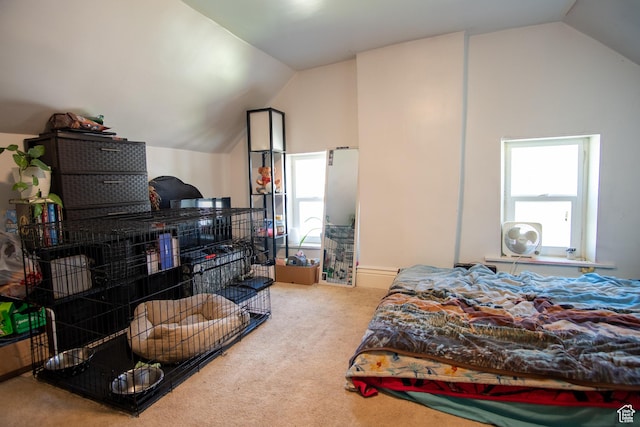 bedroom with light colored carpet, lofted ceiling, and multiple windows