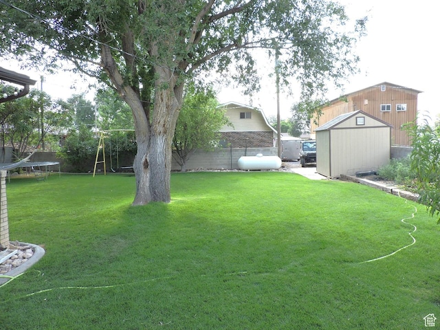 325 N 100 W, Delta, UT 84624 - view of yard with a trampoline, an outdoor structure, a fenced backyard, and a storage unit