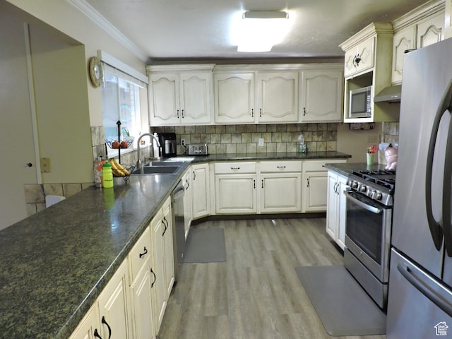 325 N 100 W, Delta, UT 84624 - kitchen with tasteful backsplash, ornamental molding, stainless steel appliances, under cabinet range hood, and a sink