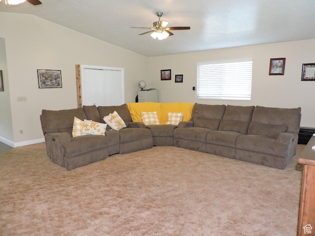 325 N 100 W, Delta, UT 84624 - living room featuring baseboards, carpet flooring, ceiling fan, and vaulted ceiling