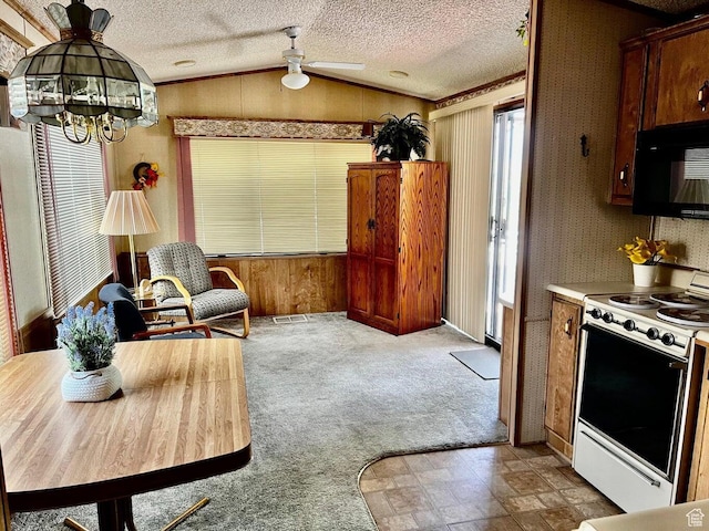 1150 W Red Hills Pkwy # 1, Washington, UT 84780 - kitchen with lofted ceiling, a textured ceiling, white electric range, visible vents, and black microwave