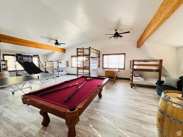 588 W Raspberry Patch Rd, Garden City, UT 84028 - game room with lofted ceiling with beams, wood finished floors, ceiling fan, and billiards