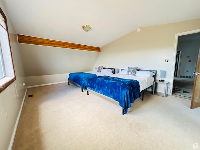 588 W Raspberry Patch Rd, Garden City, UT 84028 - bedroom with visible vents, baseboards, carpet, and lofted ceiling