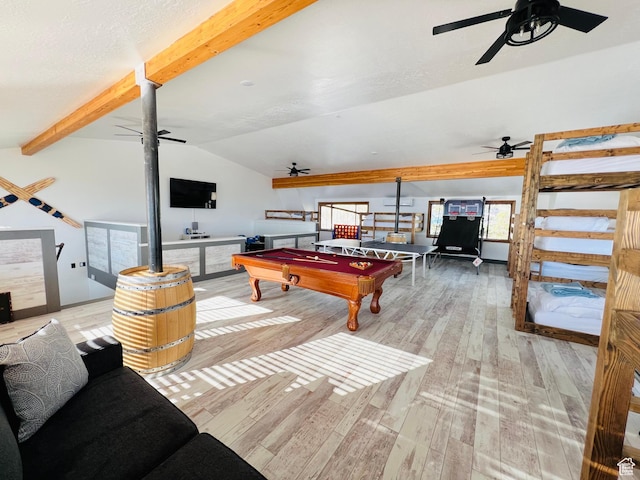 588 W Raspberry Patch Rd, Garden City, UT 84028 - rec room featuring pool table, ceiling fan, a wall mounted air conditioner, lofted ceiling with beams, and hardwood / wood-style floors