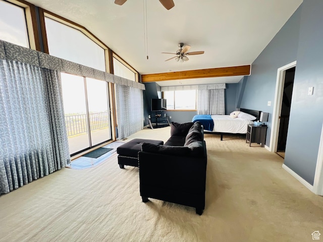 588 W Raspberry Patch Rd, Garden City, UT 84028 - carpeted living area with baseboards, vaulted ceiling with beams, and a ceiling fan