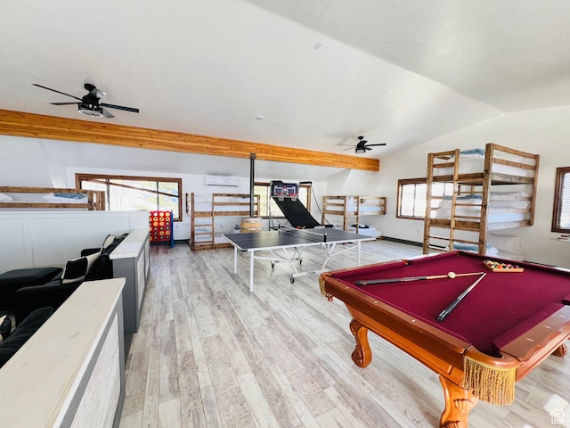 588 W Raspberry Patch Rd, Garden City, UT 84028 - rec room featuring billiards, a ceiling fan, baseboards, lofted ceiling, and light wood-style flooring