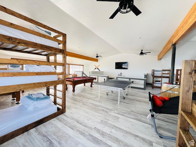 588 W Raspberry Patch Rd, Garden City, UT 84028 - recreation room featuring pool table, vaulted ceiling with beams, a ceiling fan, and wood finished floors