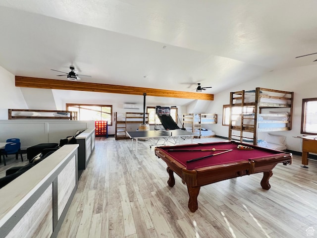 588 W Raspberry Patch Rd, Garden City, UT 84028 - rec room featuring pool table, vaulted ceiling with beams, light wood finished floors, and ceiling fan
