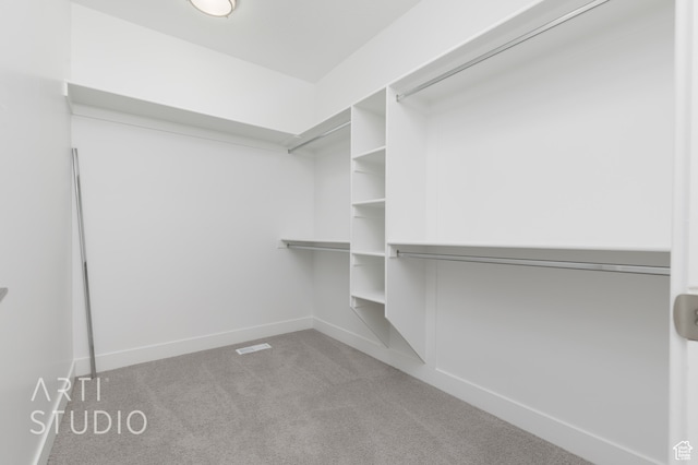 walk in closet featuring light carpet