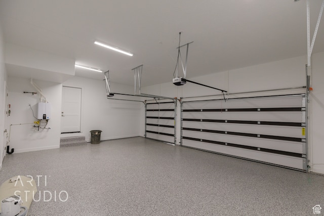 garage with a garage door opener and water heater