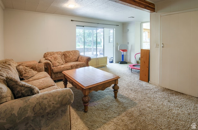 living room featuring crown molding, carpet flooring, and beamed ceiling