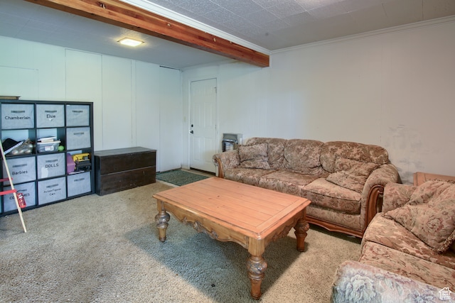 carpeted living room featuring beamed ceiling