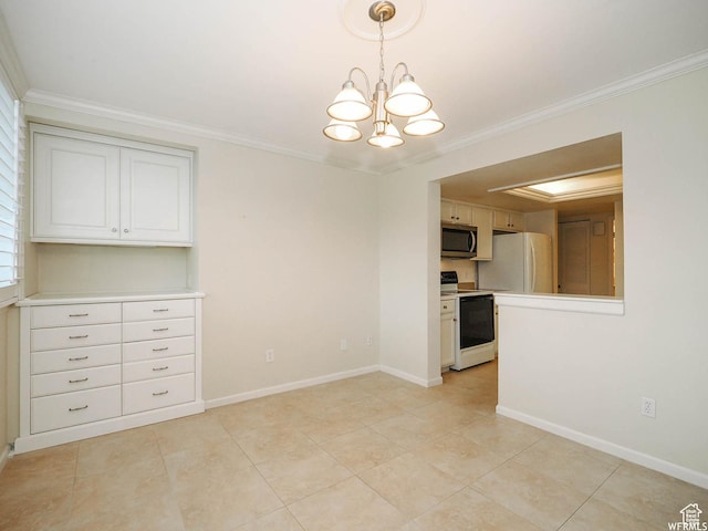 unfurnished dining area featuring an inviting chandelier, baseboards, light tile patterned floors, and ornamental molding