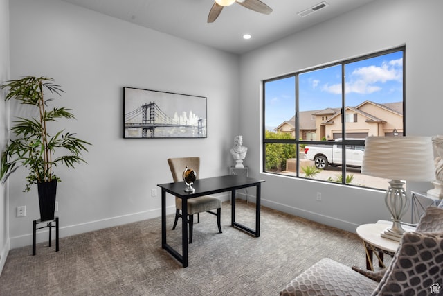 2596 S Gritton St, Hurricane, UT 84737 - carpeted home office featuring recessed lighting, visible vents, baseboards, and a ceiling fan