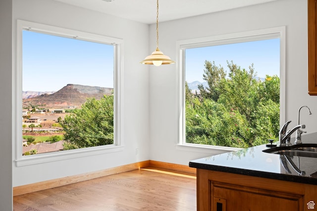 dining room with a mountain view, light wood-style flooring, and baseboards
