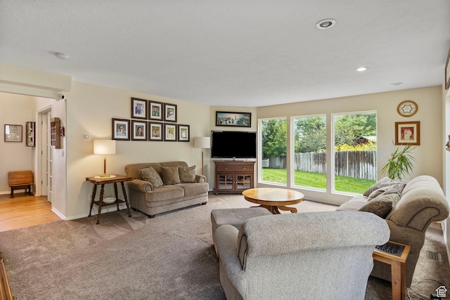 546 E River Meadow Dr S, Alpine, UT 84004 - living area featuring light colored carpet, baseboards, and recessed lighting