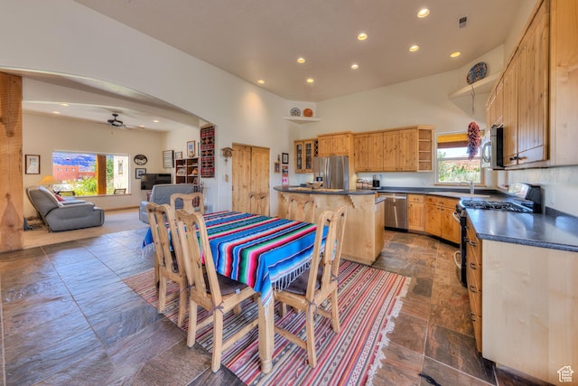 431 E Coronado Ln, Moab, UT 84532 - kitchen featuring open shelves, stone tile flooring, appliances with stainless steel finishes, dark countertops, and open floor plan