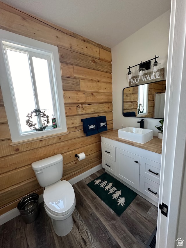 109 Gentle Ben Rd, Fish Haven, ID 83287 - bathroom featuring wooden walls, wood finished floors, vanity, and toilet