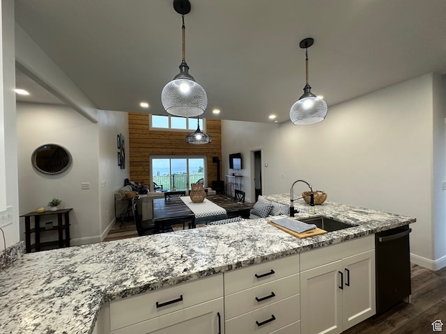 109 Gentle Ben Rd, Fish Haven, ID 83287 - kitchen featuring dark wood finished floors, dishwasher, a sink, light stone countertops, and open floor plan