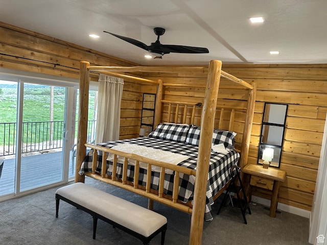 109 Gentle Ben Rd, Fish Haven, ID 83287 - bedroom with recessed lighting, carpet, wood walls, a ceiling fan, and access to outside
