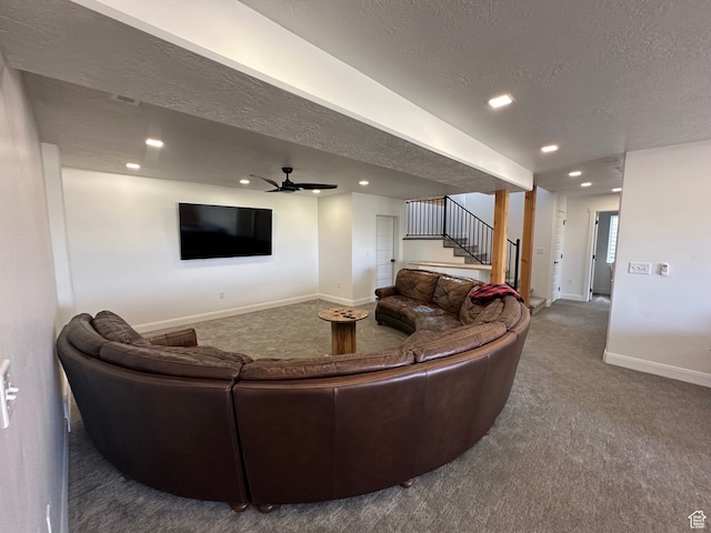 109 Gentle Ben Rd, Fish Haven, ID 83287 - living room with recessed lighting, baseboards, a textured ceiling, carpet flooring, and stairs