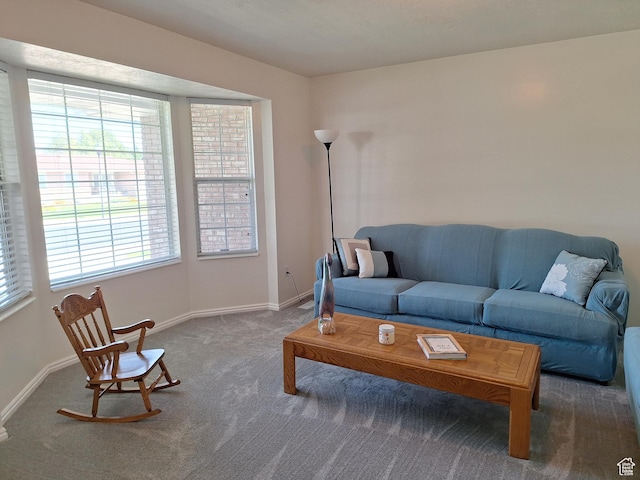 carpeted living room featuring baseboards