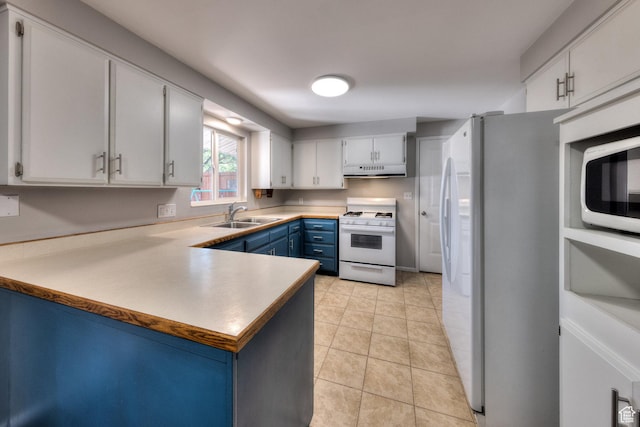 414 W Park Dr W Unit 14, Moab, UT 84532 - kitchen with blue cabinetry, white appliances, light tile patterned floors, under cabinet range hood, and a sink
