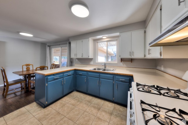 414 W Park Dr W Unit 14, Moab, UT 84532 - kitchen featuring a peninsula, a sink, white gas range oven, and blue cabinetry