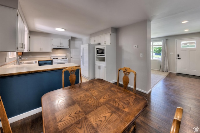 414 W Park Dr W Unit 14, Moab, UT 84532 - kitchen with white appliances, baseboards, dark wood finished floors, under cabinet range hood, and a sink