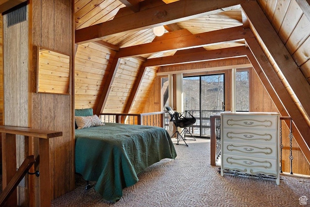 11523 E Cliffrose Dr E Unit 1692, Heber City, UT 84032 - carpeted bedroom featuring access to exterior, wooden ceiling, wood walls, and lofted ceiling with beams