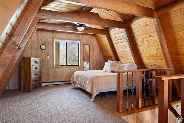 11523 E Cliffrose Dr E Unit 1692, Heber City, UT 84032 - carpeted bedroom featuring vaulted ceiling with beams, wood walls, wood ceiling, and a baseboard heating unit