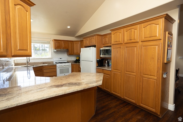 310 S 100 W, Centerfield, UT 84622 - kitchen featuring backsplash, sink, light stone countertops, white appliances, and dark hardwood / wood-style floors