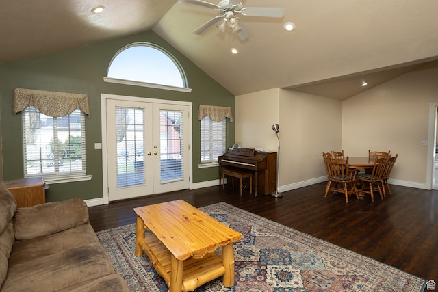 310 S 100 W, Centerfield, UT 84622 - living room with ceiling fan, dark hardwood / wood-style floors, high vaulted ceiling, and french doors