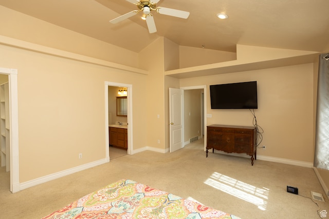 310 S 100 W, Centerfield, UT 84622 - unfurnished bedroom featuring light colored carpet, high vaulted ceiling, ensuite bathroom, and ceiling fan
