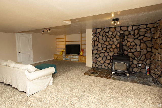 310 S 100 W, Centerfield, UT 84622 - living room featuring dark carpet and a wood stove