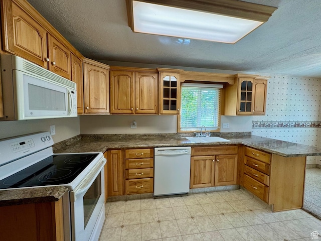 186 S 100 E St E, Laketown, UT 84038 - kitchen with a textured ceiling, a peninsula, white appliances, a sink, and glass insert cabinets