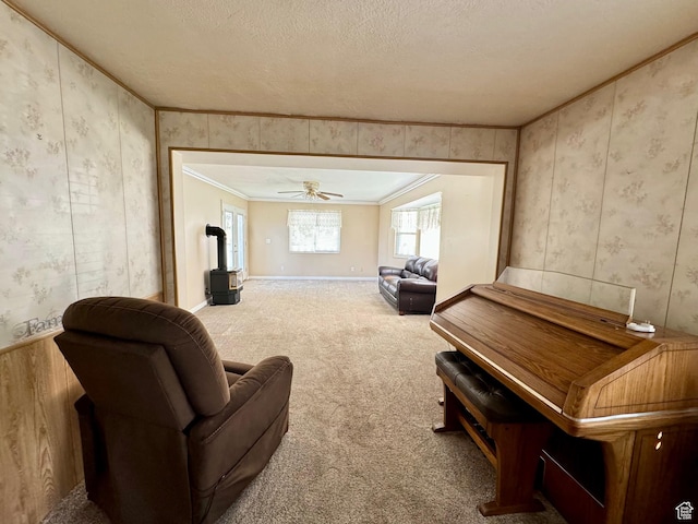 186 S 100 E St E, Laketown, UT 84038 - living area featuring a textured ceiling, carpet floors, ornamental molding, a wood stove, and wallpapered walls