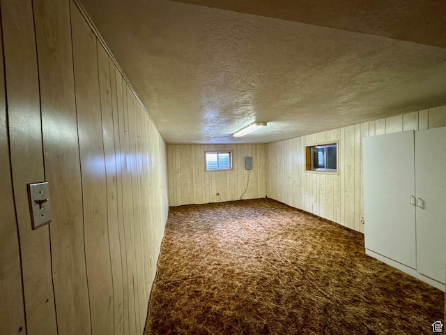 186 S 100 E St E, Laketown, UT 84038 - basement featuring carpet floors, a textured ceiling, and wooden walls
