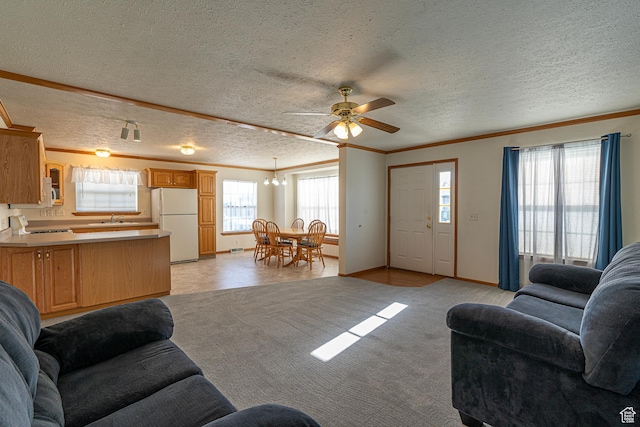 80 E 300 N Unit 3, Preston, ID 83263 - living room with ceiling fan with notable chandelier, crown molding, a textured ceiling, baseboards, and light carpet