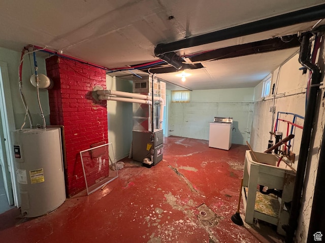 531 Edgehill Dr, Sunnyside, UT 84539 - unfinished below grade area featuring washer / dryer, visible vents, heating unit, and electric water heater