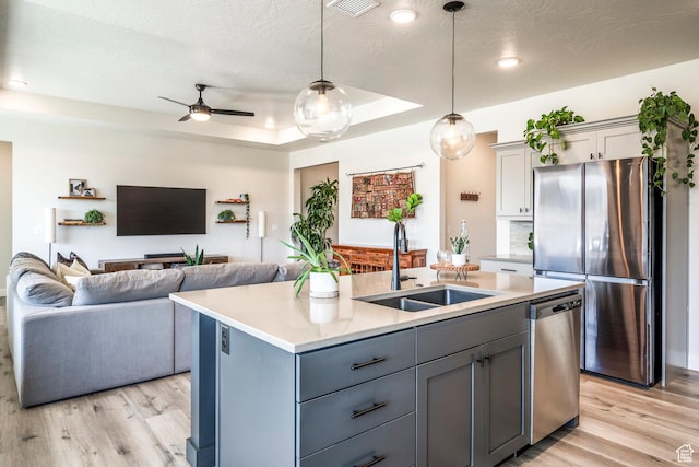 581 W Cypress Umber Dr Unit 34, St George, UT 84790 - kitchen featuring a sink, stainless steel appliances, gray cabinetry, light wood-style floors, and light countertops