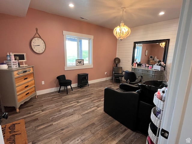 1579 N 2200 E, Preston, ID 83263 - interior space featuring dark wood-style flooring, visible vents, baseboards, and a chandelier