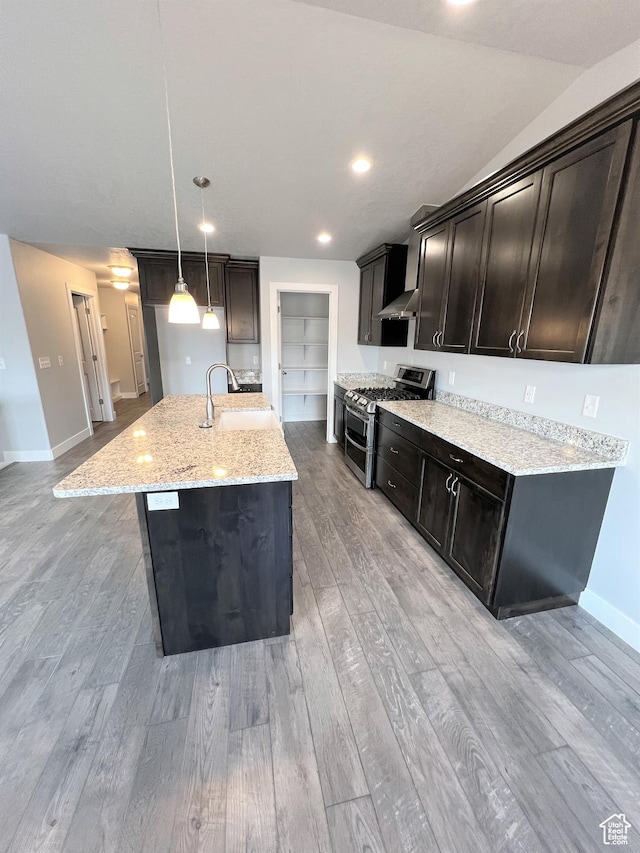 kitchen featuring double oven range, a sink, light stone counters, light wood-style floors, and wall chimney exhaust hood