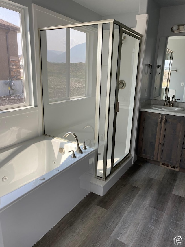 bathroom with a tub with jets, a wealth of natural light, and a stall shower