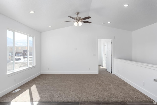 unfurnished room featuring carpet flooring, recessed lighting, ceiling fan, and vaulted ceiling