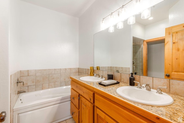 1746 W Redstone Ave # G, Park City, UT 84098 - bathroom with decorative backsplash, vanity, and separate shower and tub